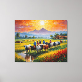 Impressão Em Tela pintura de um grupo de pessoas com vacas