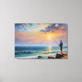 Impressão Em Tela pintura de um homem pescando em uma praia rochosa
