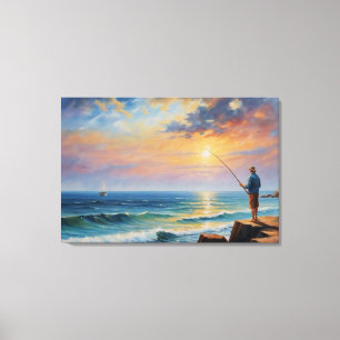 Impressão Em Tela pintura de um homem pescando em uma praia rochosa