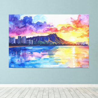 Impressão Em Tela pintura de Waikiki e Diamond head Oahu