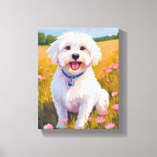 Impressão Em Tela Pintura do Campo de Flores do Cão Maltês