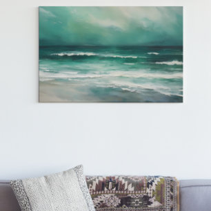 Impressão Em Tela Pintura do Oceano de Praia Verde Teal Moderna