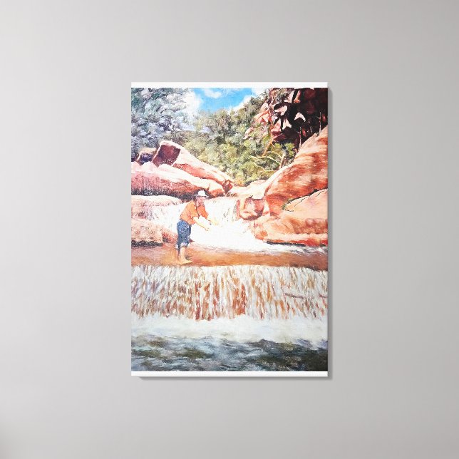 Impressão Em Tela Pintura do pescador em cascata (Frente)