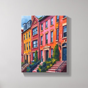 Impressão Em Tela Pintura em Aquarela da Rua da Cidade Brownstone