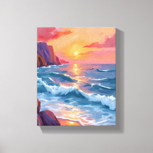 Impressão Em Tela Pintura em Aquarela das Ondas do Oceano ao Pôr do 