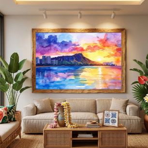 Impressão Em Tela pintura em aquarela do Diamond head Waikiki Havaí