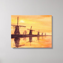 Impressão Em Tela Pintura em Aquarela do Pôr do Sol com Moinhos de V