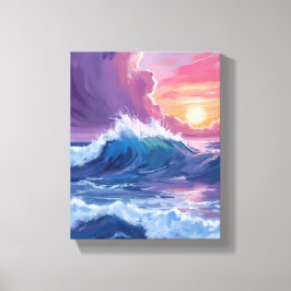 Impressão Em Tela Pintura em Aquarela do Pôr do Sol com Ondas do Oce