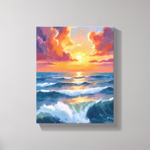 Impressão Em Tela Pintura em Aquarela do Pôr do Sol no Mar Brilhante