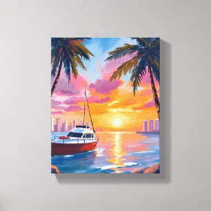 Impressão Em Tela Pintura em Aquarela do Porto de Barcos de Miami Be