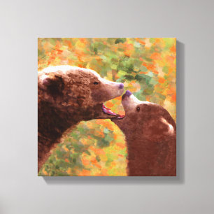 Impressão Em Tela Pintura em Cubo e Mãe de Urso Grizzly - Arte da V