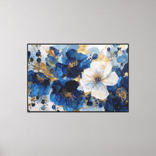 Impressão Em Tela Pintura Floral Azul Profundo e Dourado – Parede Ab