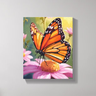 Impressão Em Tela Pintura Floral Flor de Rosa Borboleta Monarca