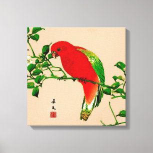 Impressão Em Tela Pintura japonesa de papagaio, vermelho e verde