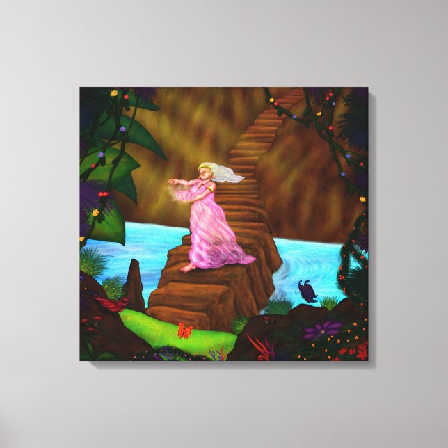 Impressão Em Tela Pintura jovem mulher caminhando através da ponte (Frente)