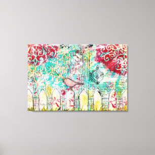 Impressão Em Tela Pintura Mista de Mídia Mista de Pássaro e Picket