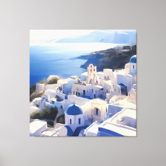 Impressão Em Tela Pintura por Aquarela da Grécia Santorini (Frente)