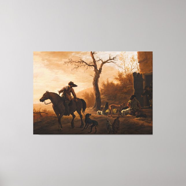 Impressão Em Tela Pintura Restaurada do Século XIX: Cena de Caça com (Frente)