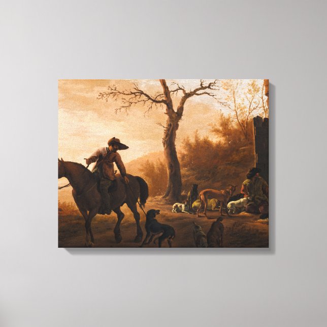Impressão Em Tela Pintura Restaurada do Século XIX: Cena de Caça com (Frente)