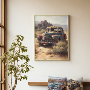 Impressão Em Tela Pintura Rústica de Carro Desertico Vintage Persona