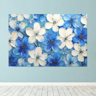 Impressão Em Tela Pintura Texturizada Floral Azul e Branco – Abstrat