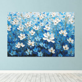 Impressão Em Tela Pintura Texturizada Floral Azul e Branco – Abstrat