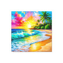 Pintura Vibrante do Pôr do Sol Tropical com Ondas