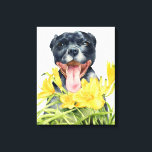 Impressão Em Tela Pit Bull Dog Watercolor Painting, Belas Artes<br><div class="desc">Esta é uma pintura aquosa de um cachorro-do-pit-bull preto com um sorriso enorme em seu rosto parado atrás de Stella d’ Oro Daylily. Pintura elegante para amantes de cães.</div>