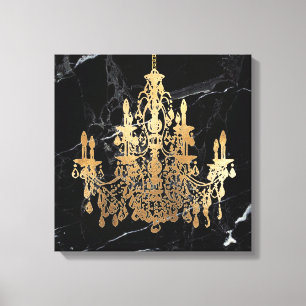 Impressão Em Tela PixDezines Marble Preto Faux Chandelier Dourado