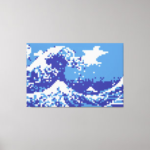 Impressão Em Tela Pixel Tsunami Blue 8 Bits Pixel Art