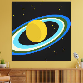 Impressão Em Tela Planeta Amarelo Saturno Azul Anéis Pretos Espaço E