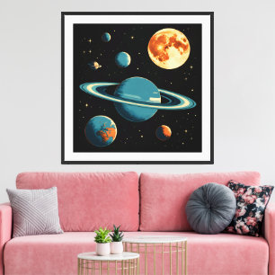 Impressão Em Tela Planetas Espaciais Retroativos e Arte de Muro de L