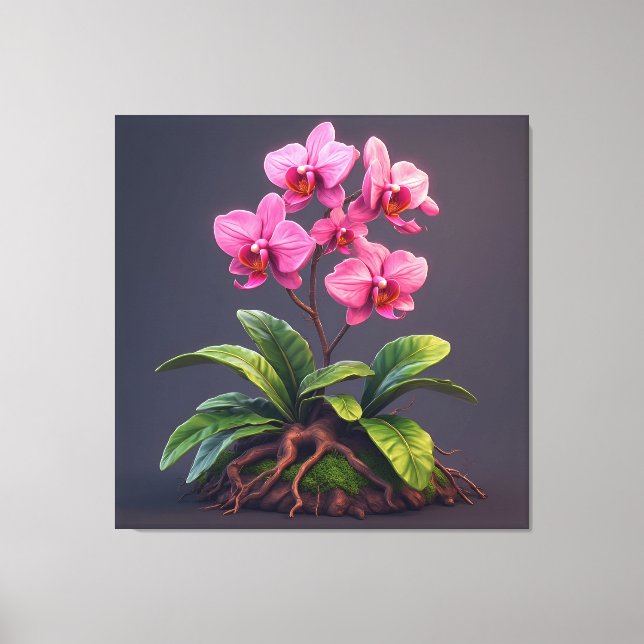 Impressão Em Tela Planta de Orquídea Rosa Com Folhas Verdes (Frente)