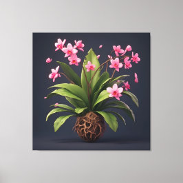 Impressão Em Tela Planta de Orquídea Rosa Com Folhas Verdes