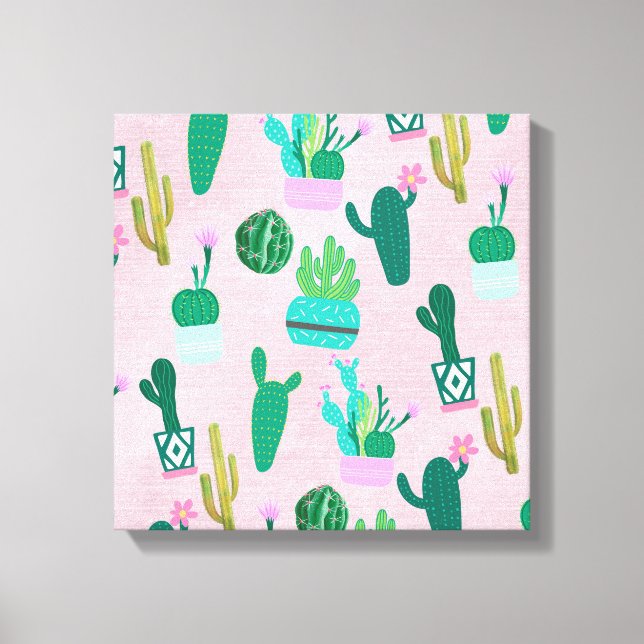 Impressão Em Tela Plantas Cactos Cactáceas do Sudoeste Rústico Rosa (Frente)