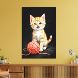 Impressão Em Tela Playful Kitten Cat with Yarn Watercolor Print