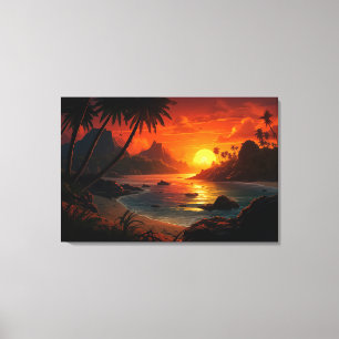 Impressão Em Tela Poético Sunset na Ilustração de Praia Tropical