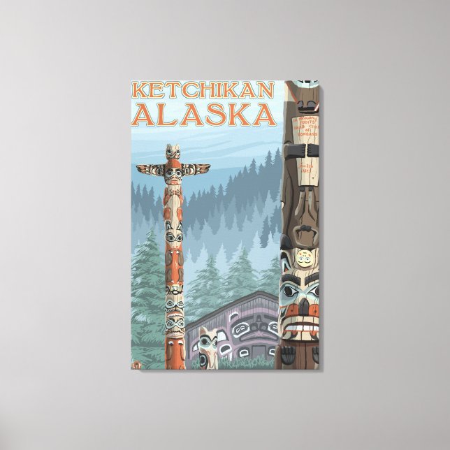 Impressão Em Tela Polos de Totem do Alasca - Ketchikan, Alasca (Frente)