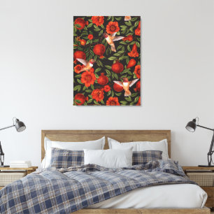 Impressão Em Tela Pomegranatos e beija-flores/folhas verdes em preto