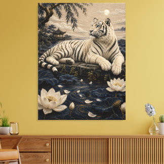 Impressão Em Tela Pond de Lótus do Tigre Branco – Paisagem Asiática