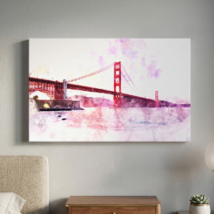 Impressão Em Tela Ponte Golden Gate em Aquarela ao Pôr do Sol