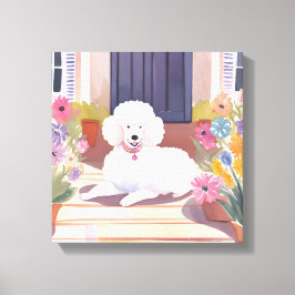 Impressão Em Tela Poodle Branco | Flores Aquarela de Cachorro Pet