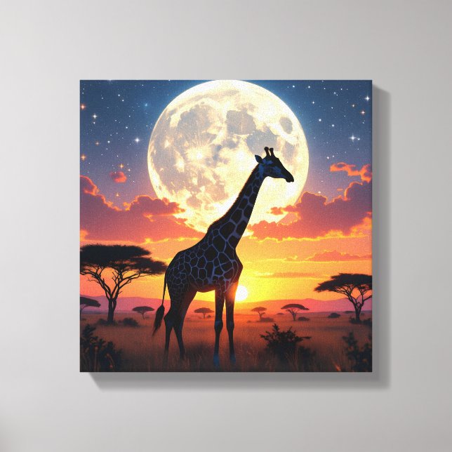 Impressão Em Tela Pôr do Sol Africano Girafa Lua Tela (Frente)