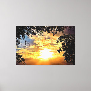 Impressão Em Tela Pôr do Sol Através de Folhas Silhuetadas