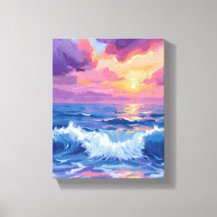 Impressão Em Tela Pôr do Sol Bege Roxo   Aquarela de Brilho do Ocean