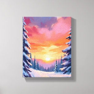 Impressão Em Tela Pôr do Sol de Neve de Inverno   Pintura em Aquarel