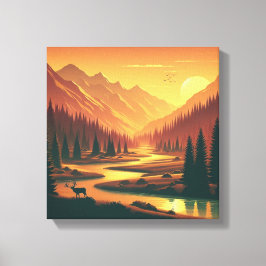 Impressão Em Tela Pôr do Sol Dourado Sobre o Vale da Montanha Vintag