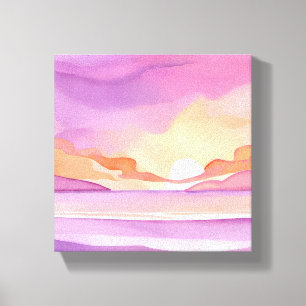 Impressão Em Tela Pôr do sol em aquarela rosa Céu oceânico lindo