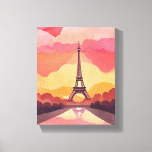 Impressão Em Tela Pôr do Sol em Paris   Torre Eiffel França Aquarela