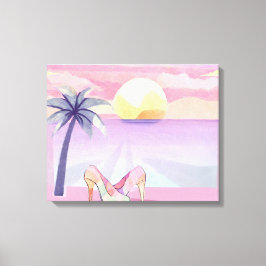 Impressão Em Tela Pôr do sol em praia com aquarela rosa pastel